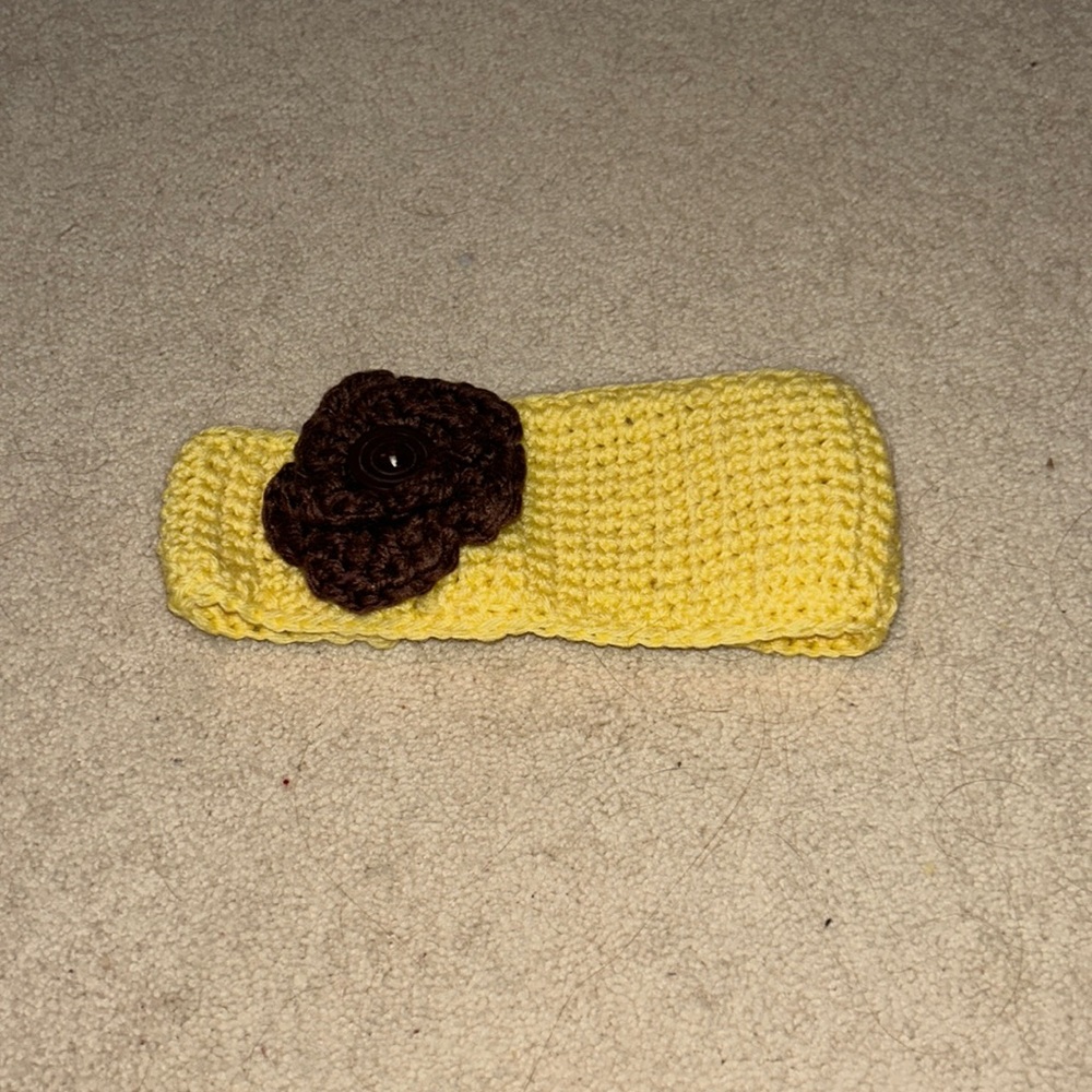 yellow crochet handmade headband with brown flower